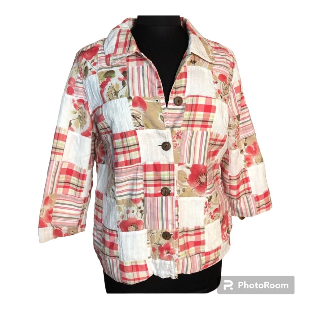 Quilted patchwork shacket w/ 3/4 length sleeves Koret Petite Large pink granny